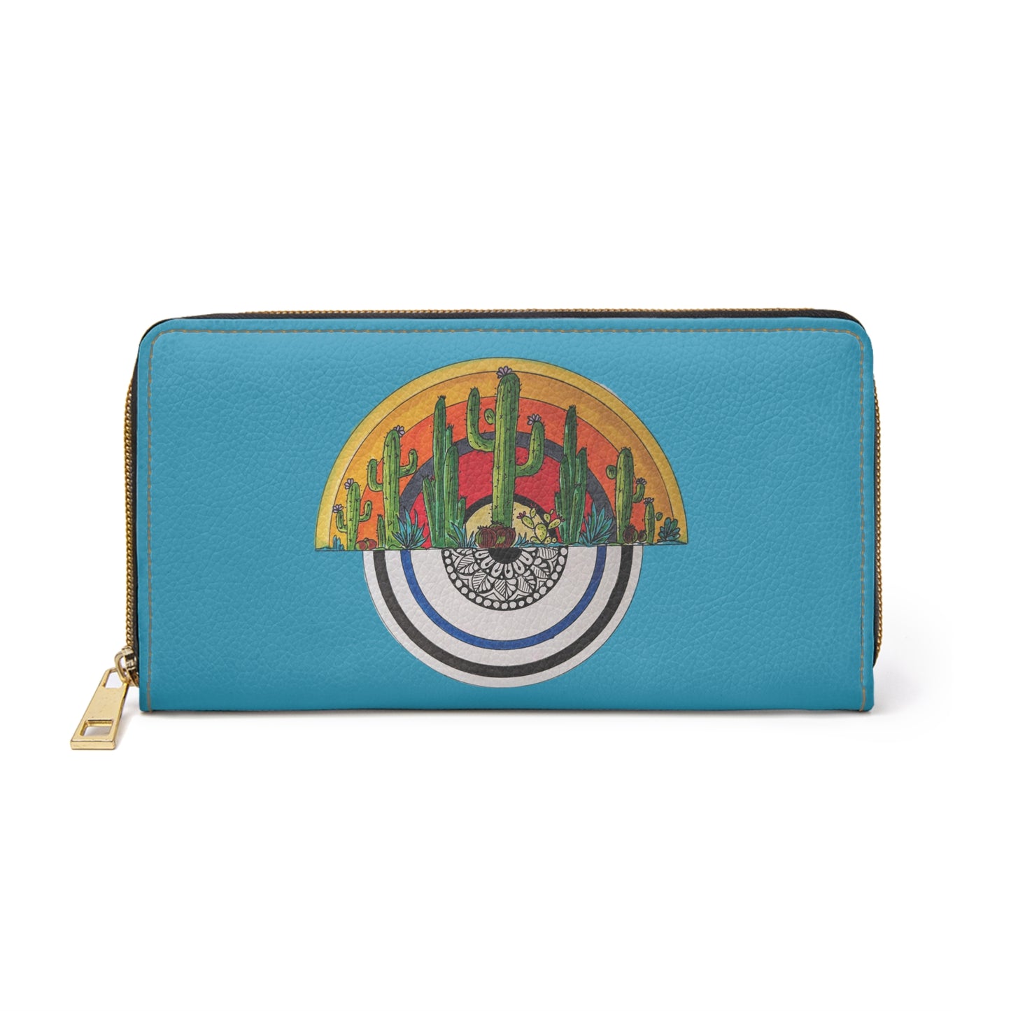 Blue Cactus Doodle Zipper Wallet — Cute Succulent Wallet with Cactus Pattern