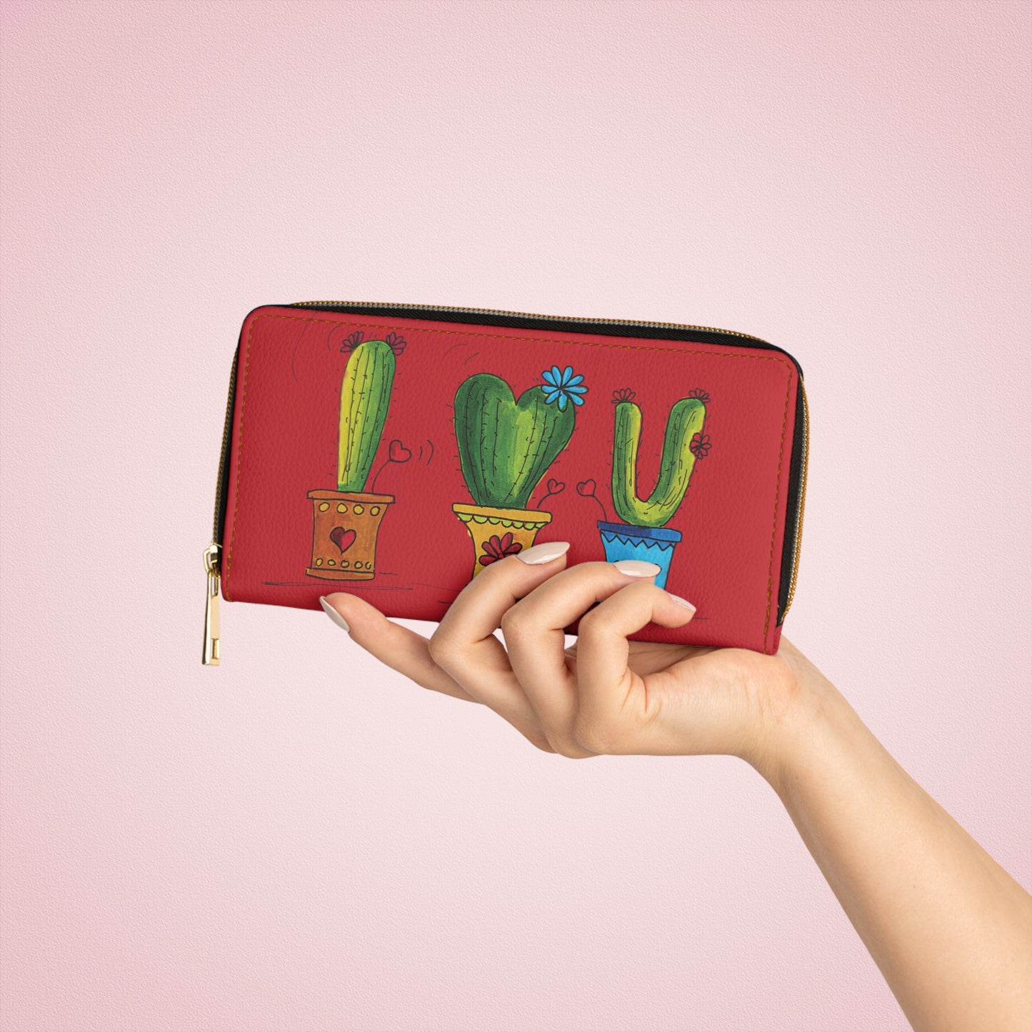 Cactus Doodle Zipper Wallet — Dark Red Potted Succulent Design