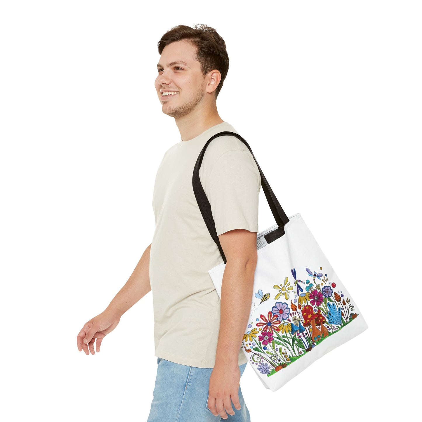 White tote bag with my original flower and mushroom drawings with bees and dragonflies