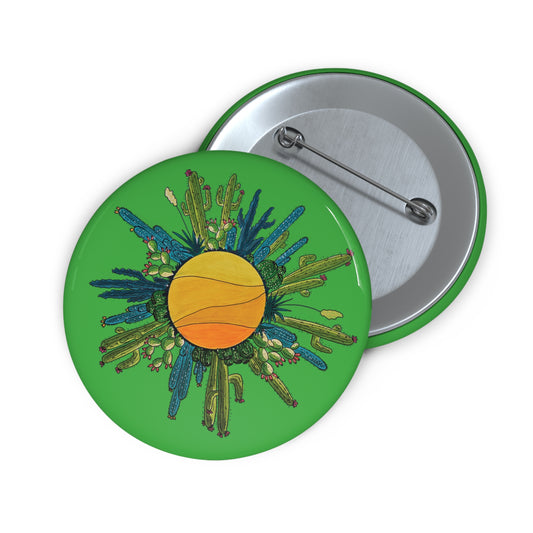 Cactus Sun Doodle Art Pin Button — Cute Cactus Button Badge - Green