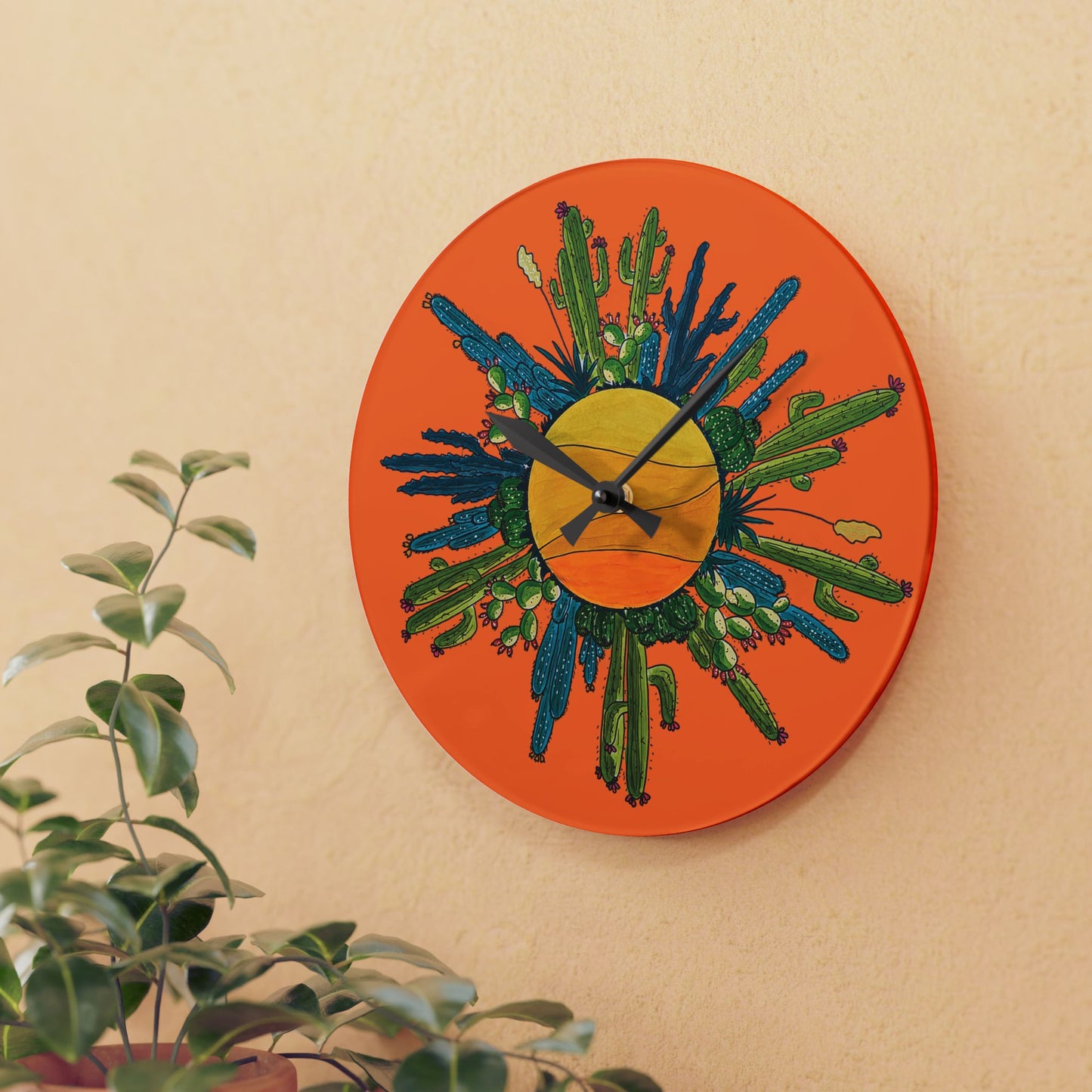 Cactus art wall clock made from acrylyc - orange