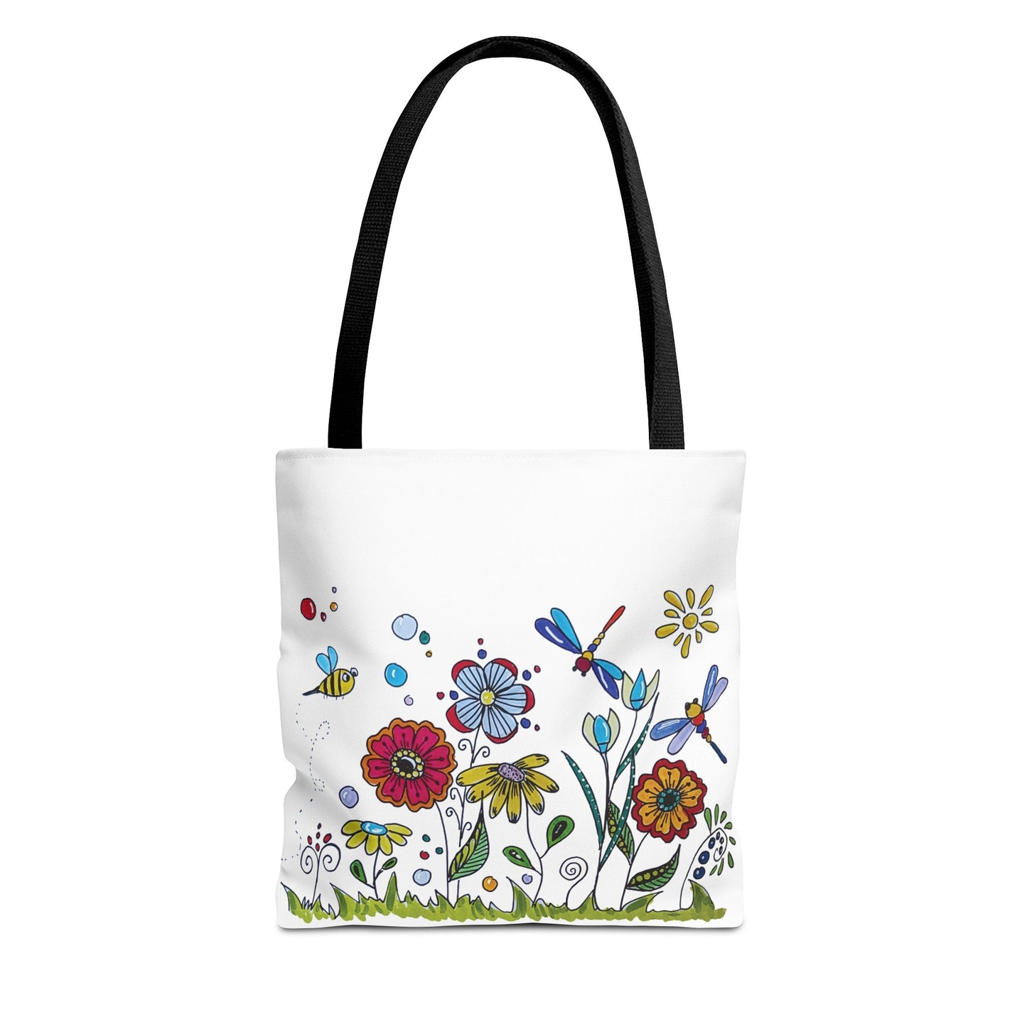 White canvas tote bag with my original zentangle flower garden drawing