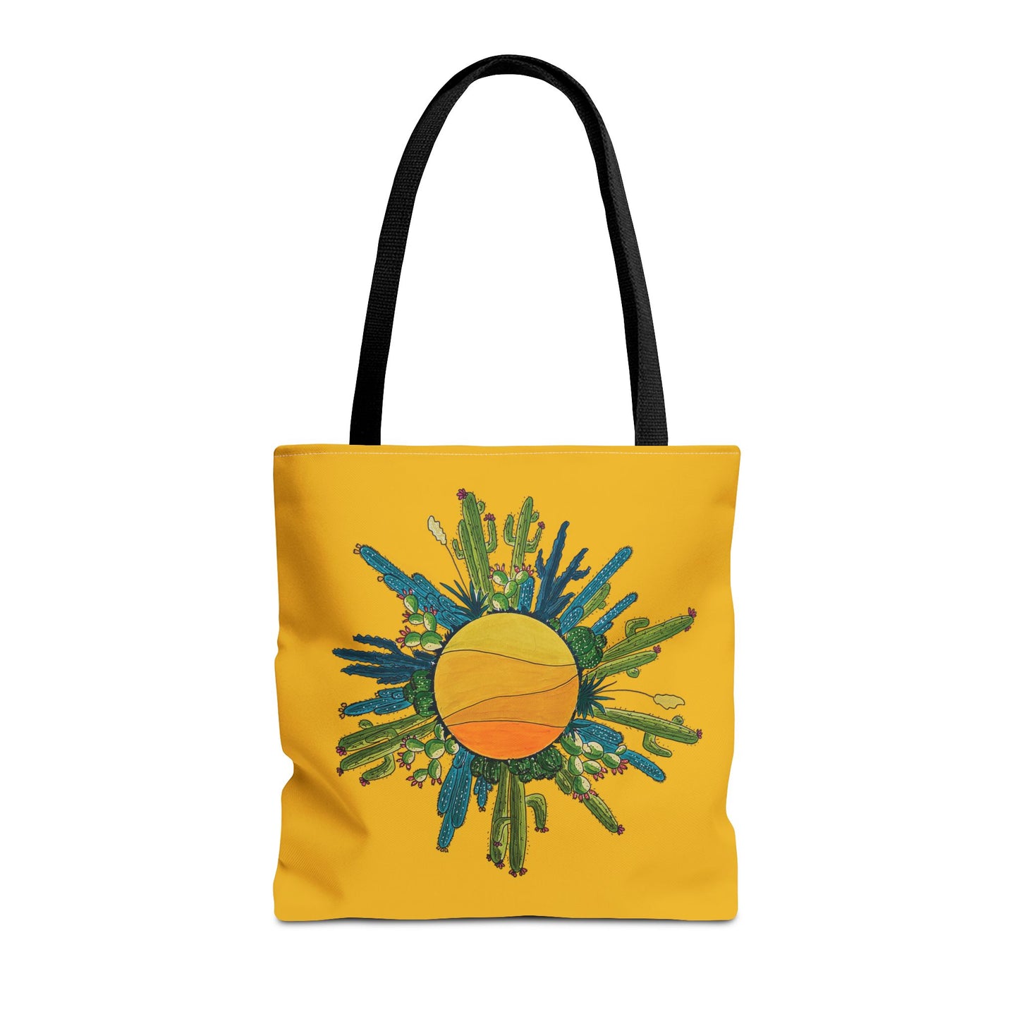 cactus sun tote bag with yellow brackground made with my original art - beach bag or book bag