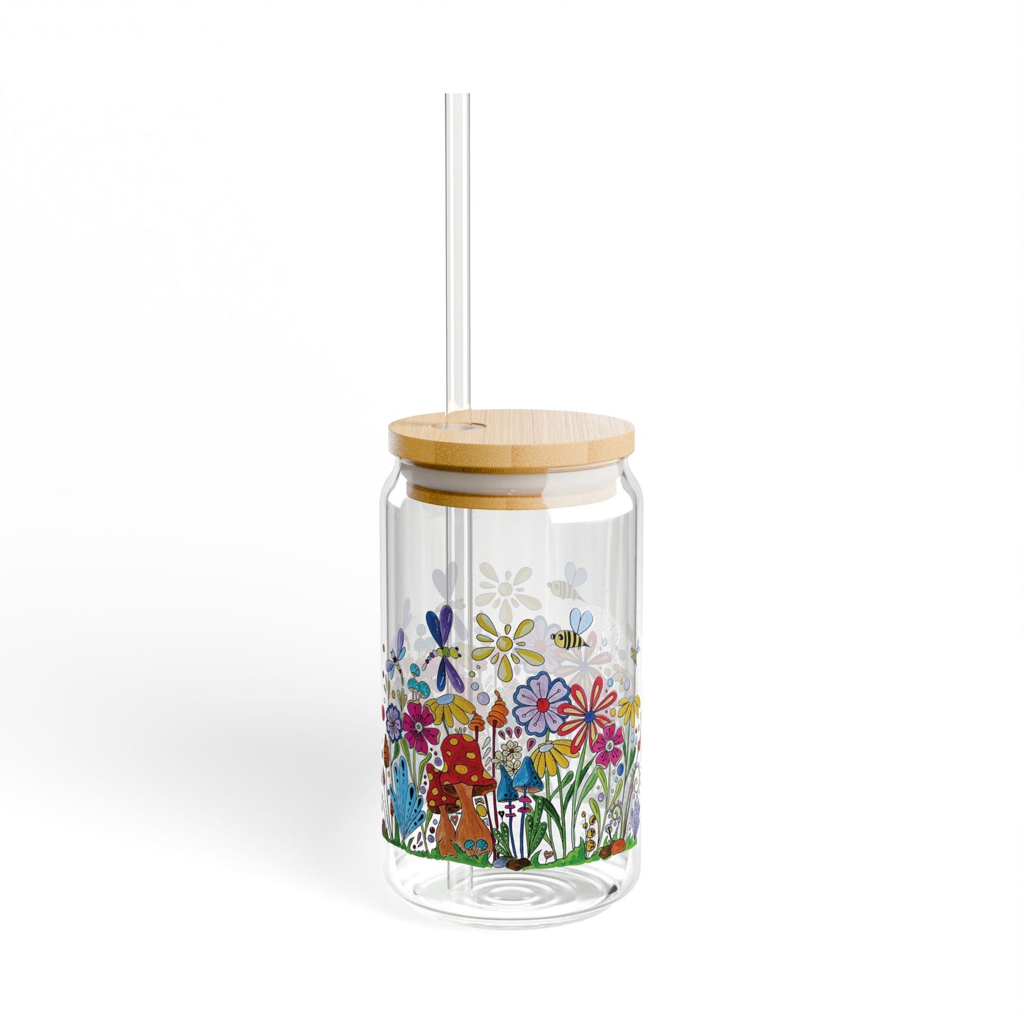 Zen Doodle Floral & Mushroom Sipper Glass — 16oz Original Art