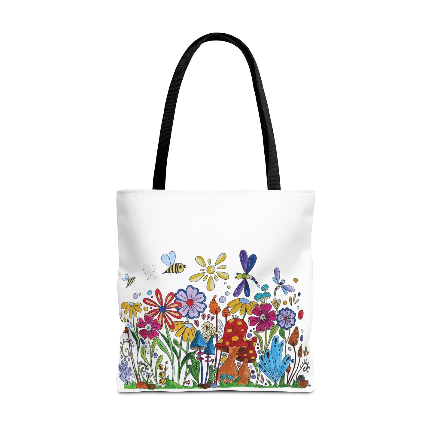 White tote bag with my original flower and mushroom drawings with bees and dragonflies