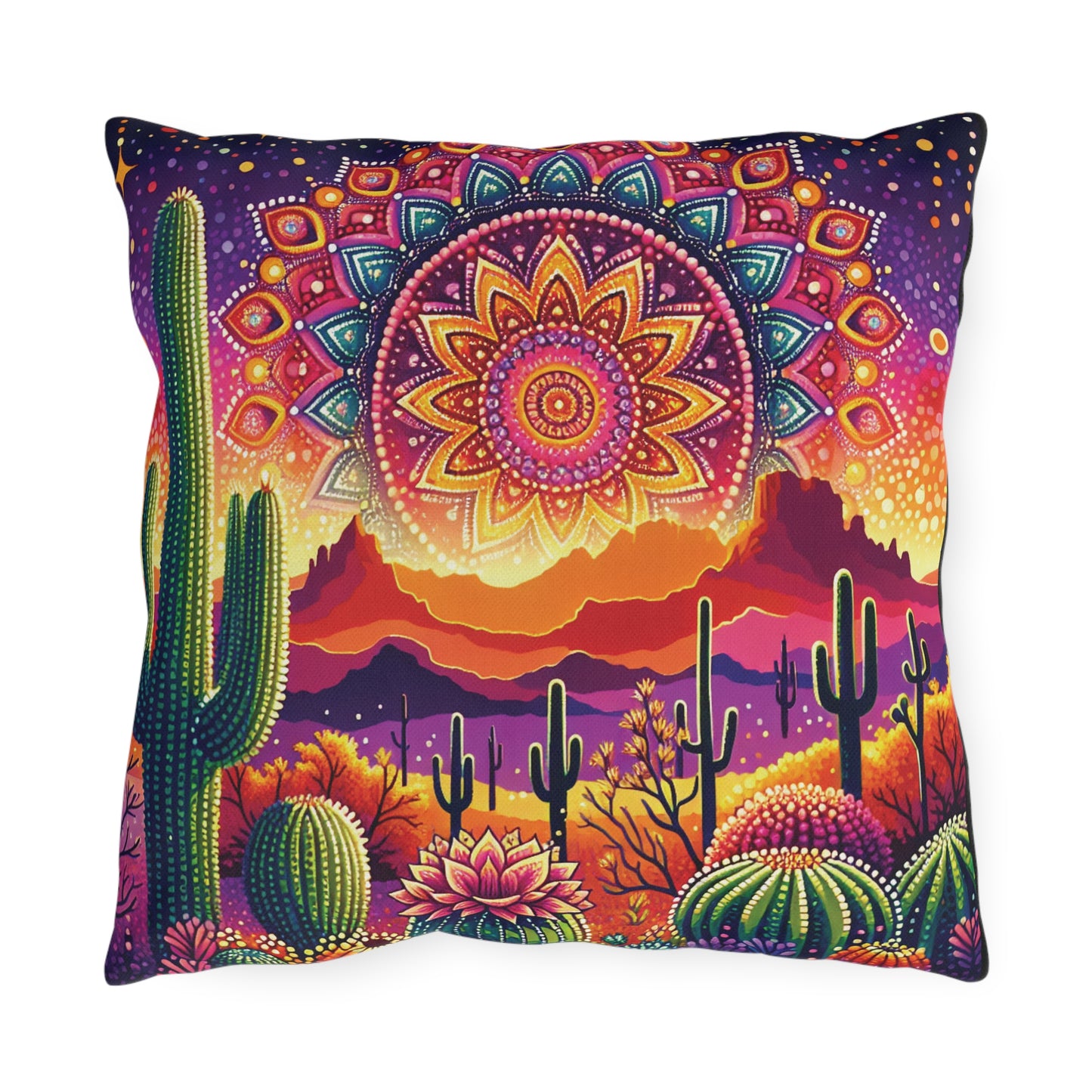 Arizona Landscape Mandala Outdoor Pillow — Desert Sunset Accent Pillow