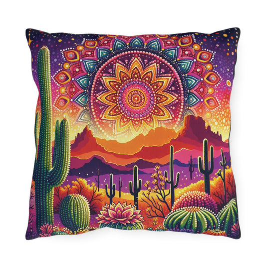 Arizona Landscape Mandala Outdoor Pillow — Desert Sunset Accent Pillow