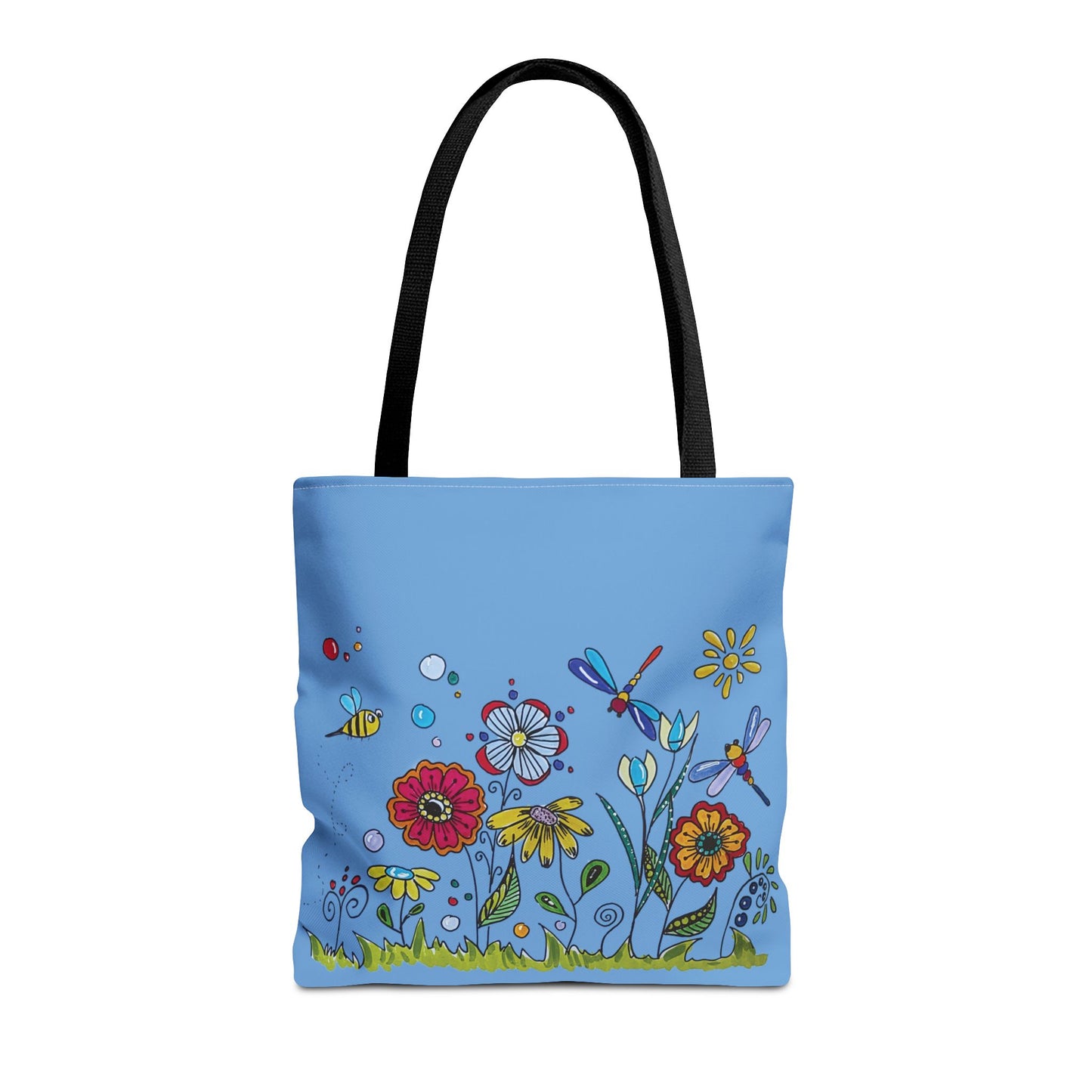 Flower garden tote bag with my original art - zentangle flowers - dragonflies and bee