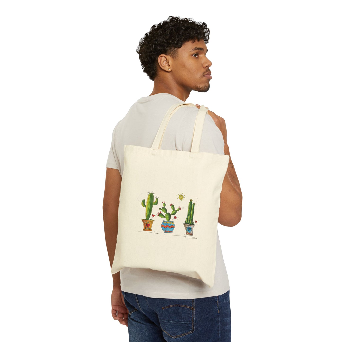 Cotton Canvas Tote Bag with cactus doodle art