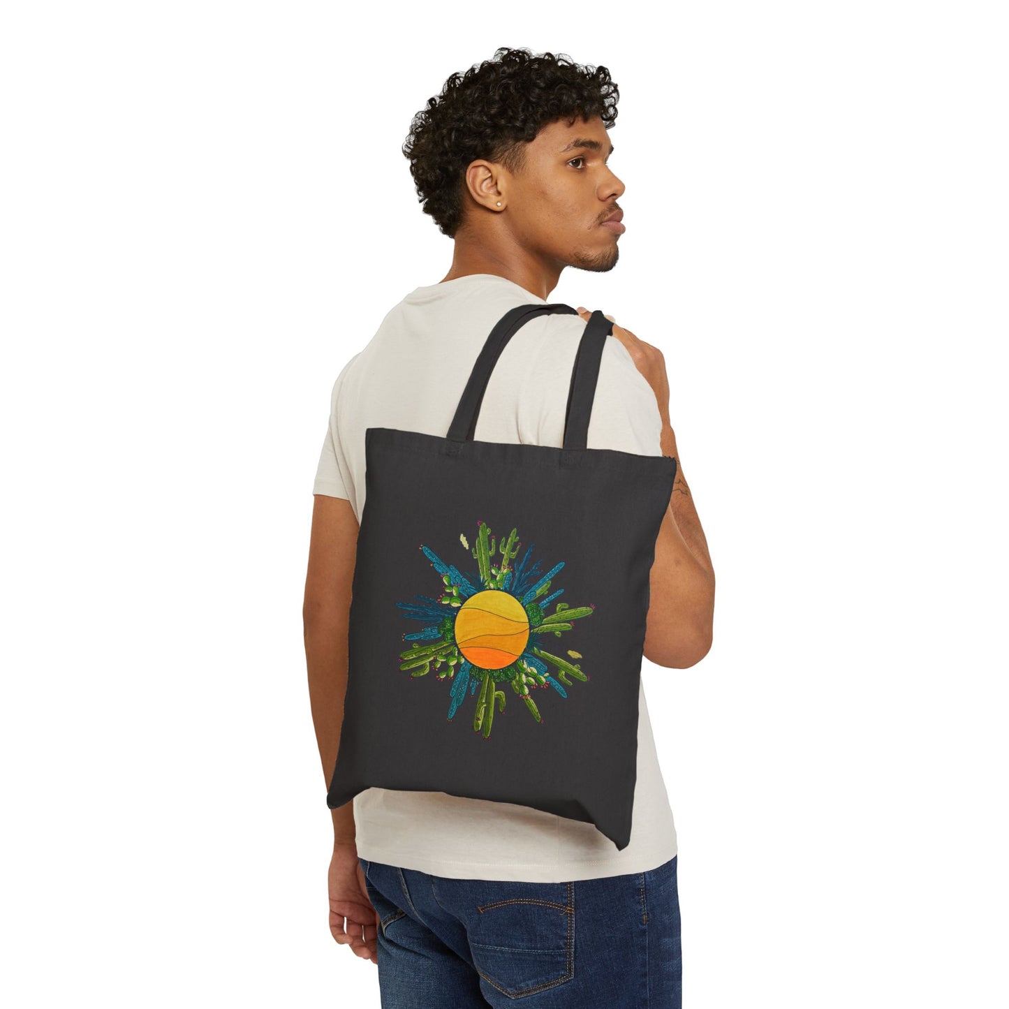 Cactus Doodle Sun Cotton Canvas Tote Bag