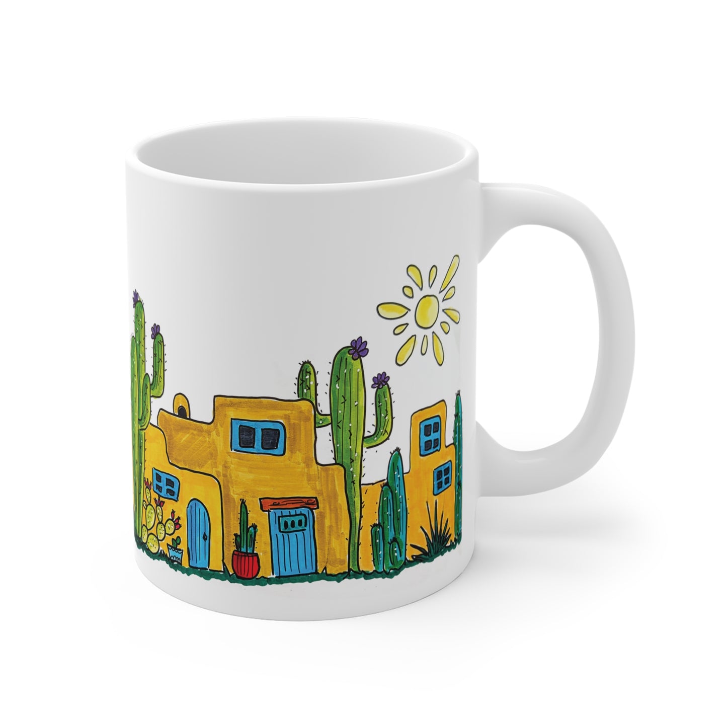 Mug 11oz Original Doodle Art of Adobe Houses and Cacti