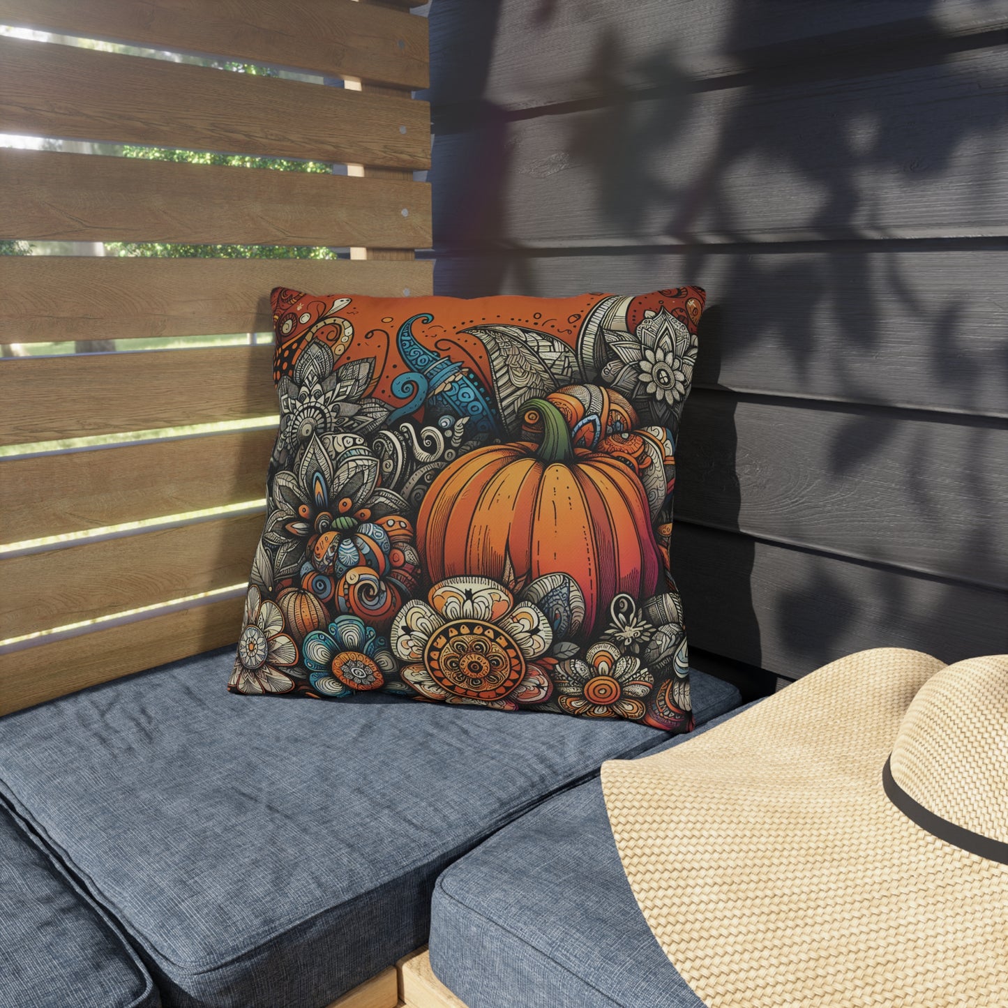 Pumpkin Zen Doodle Outdoor Pillow — Floral Fall Accent