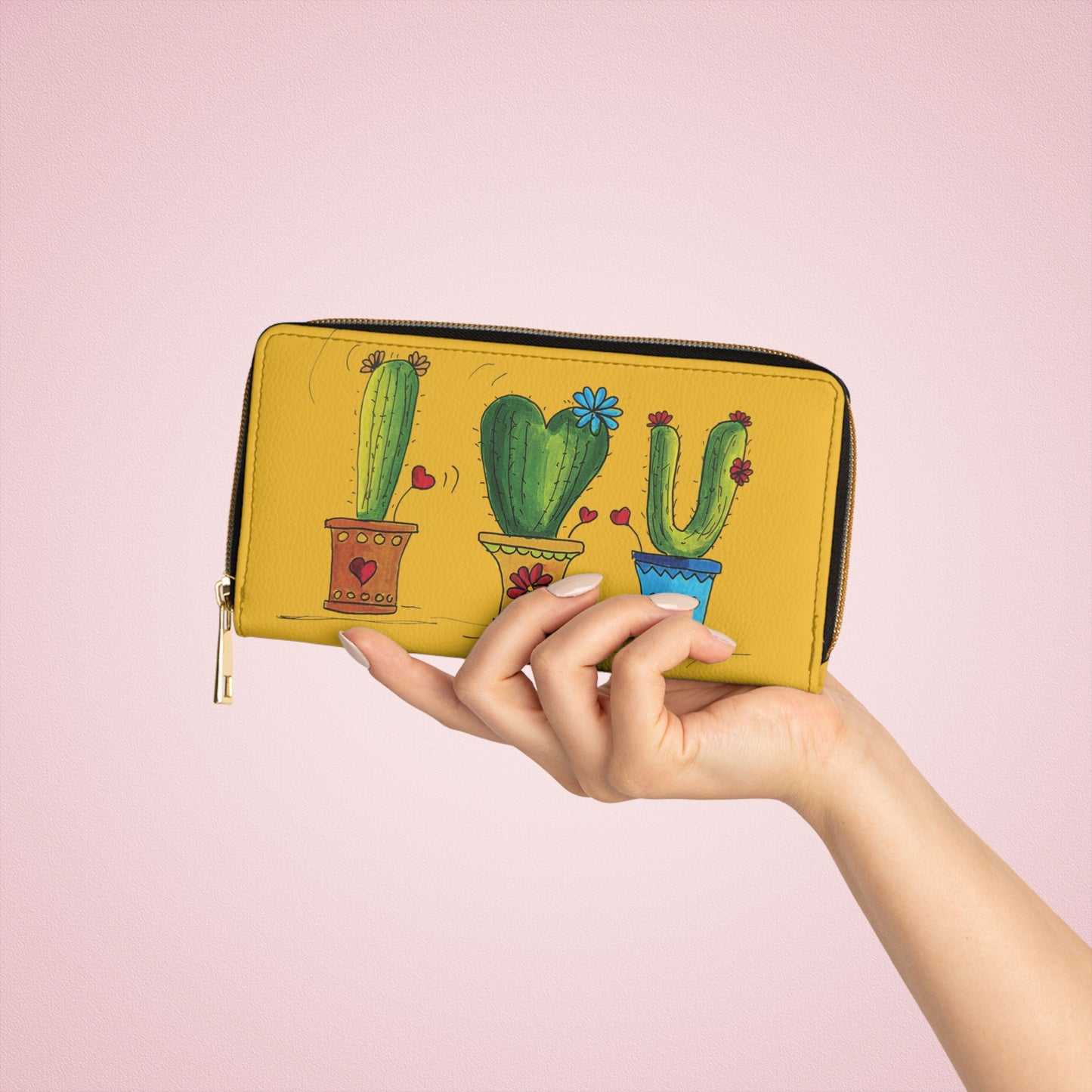 Yellow zipper wallet with my original cactus doodle