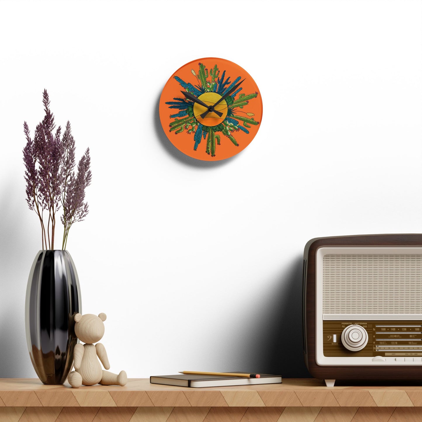 Cactus art wall clock made from acrylyc - orange