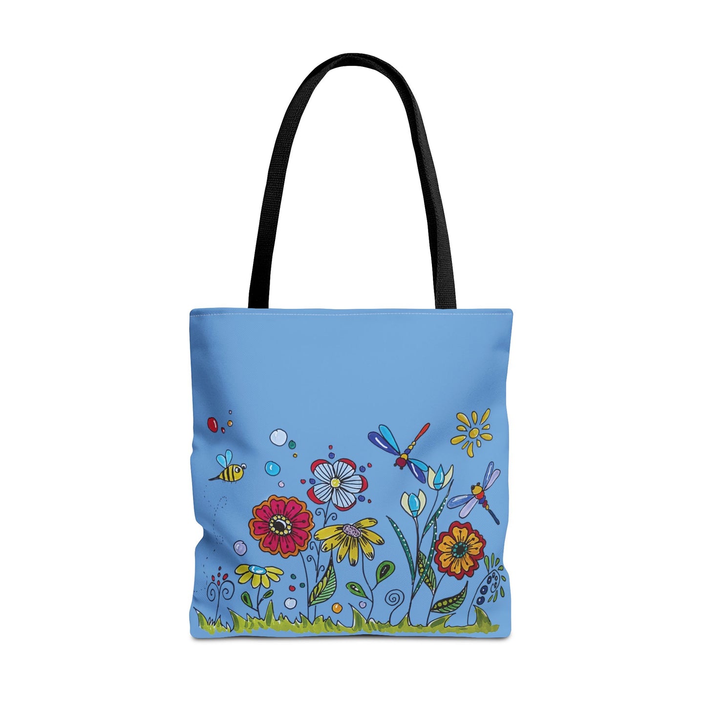 Flower garden tote bag with my original art - zentangle flowers - dragonflies and bee
