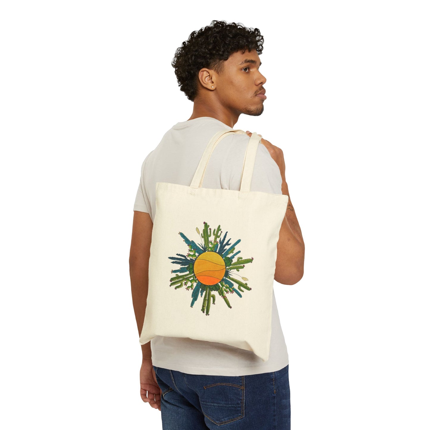 Cactus Doodle Sun Cotton Canvas Tote Bag
