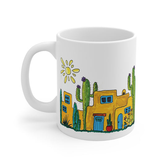 Mug 11oz Original Doodle Art of Adobe Houses and Cacti