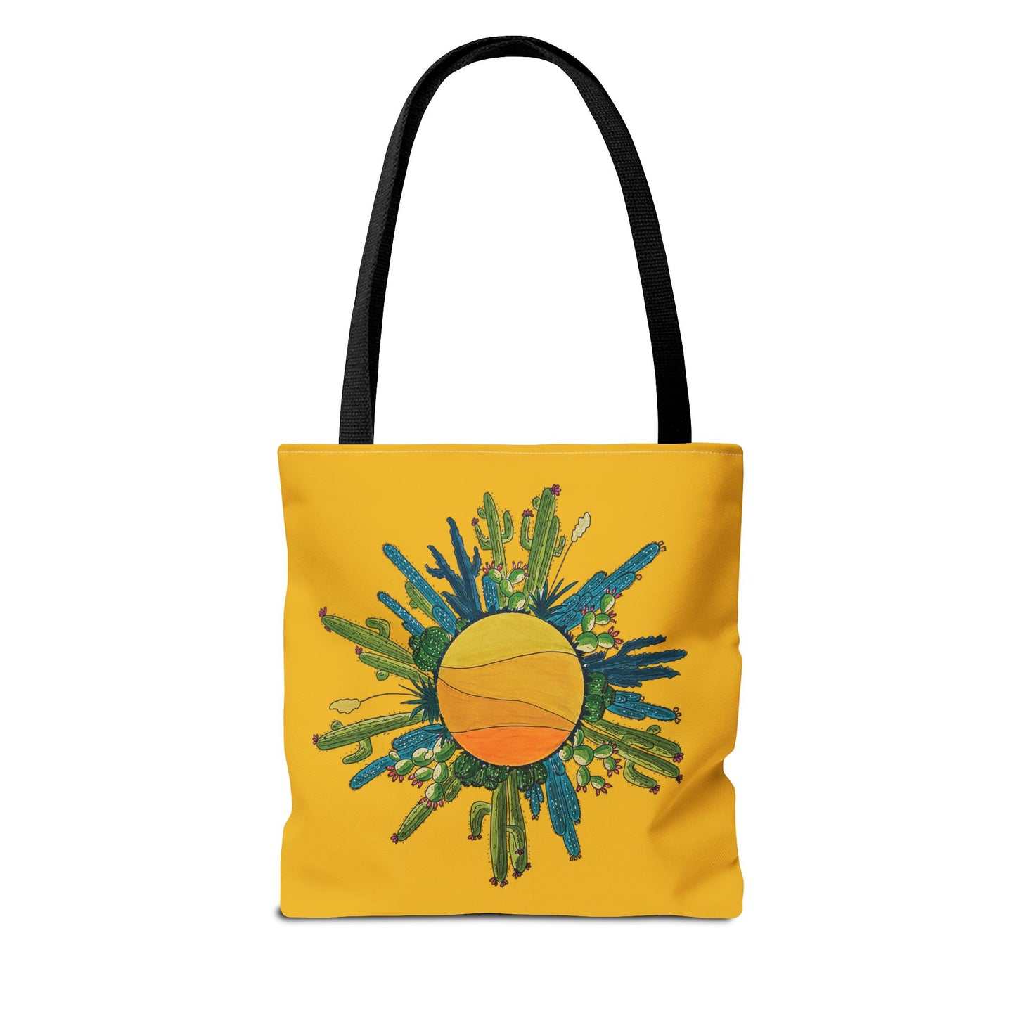 cactus sun tote bag with yellow brackground made with my original art - beach bag or book bag