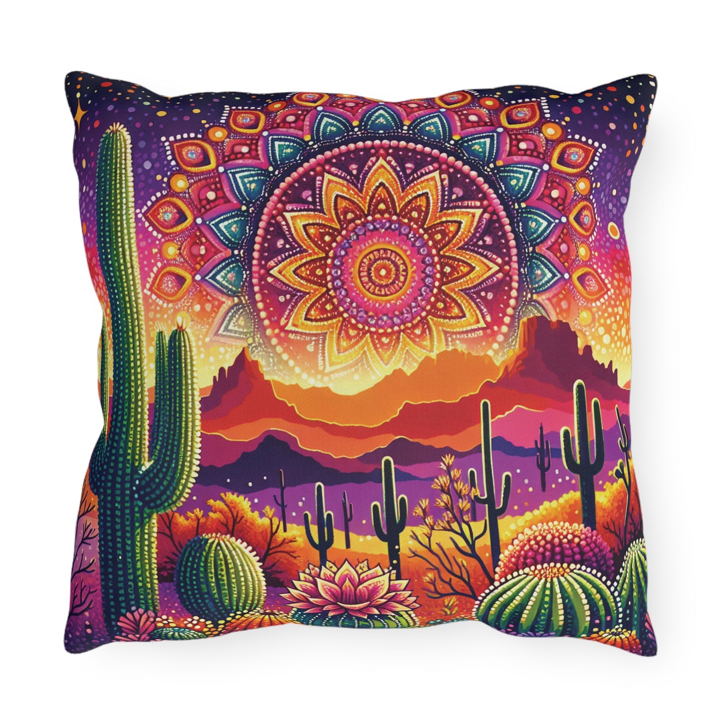Arizona Landscape Mandala Outdoor Pillow — Desert Sunset Accent Pillow