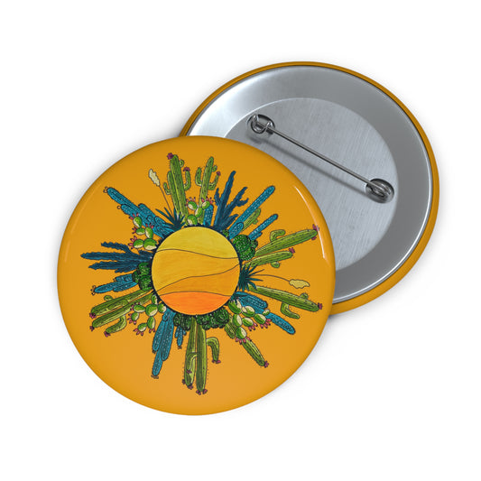 Cactus Sun Doodle Art Pin Button — Cute Cactus Button Badge - Orange