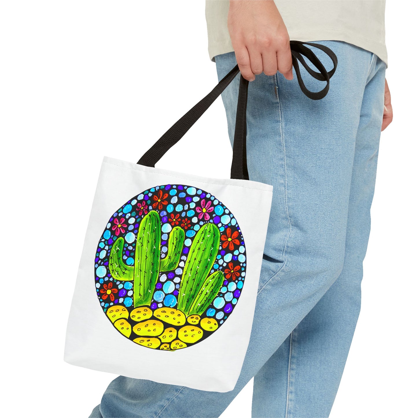 Cactus Doodle Canvas Tote Bag — Cute Hand-Drawn Succulent Design - white