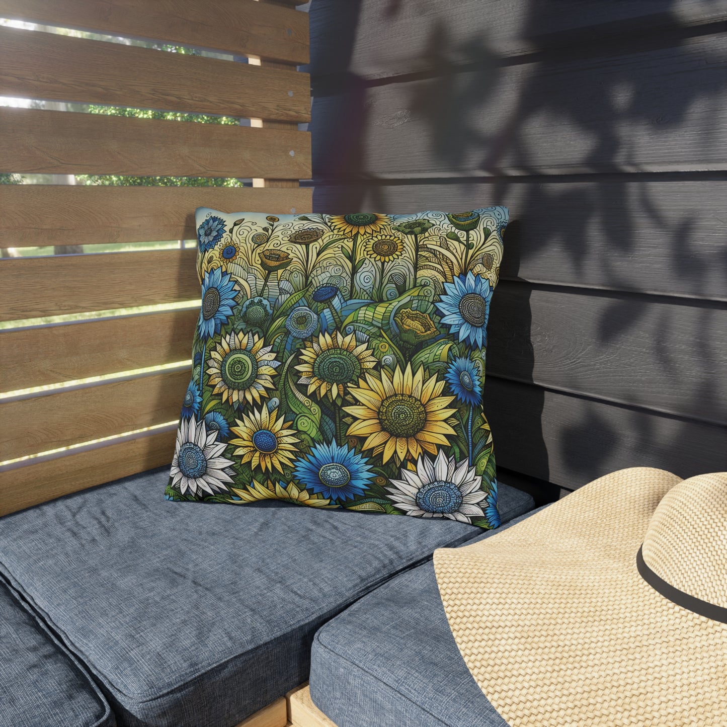 Sunflowers & Cornflowers Outdoor Pillow — Floral Garden Throw Pillow