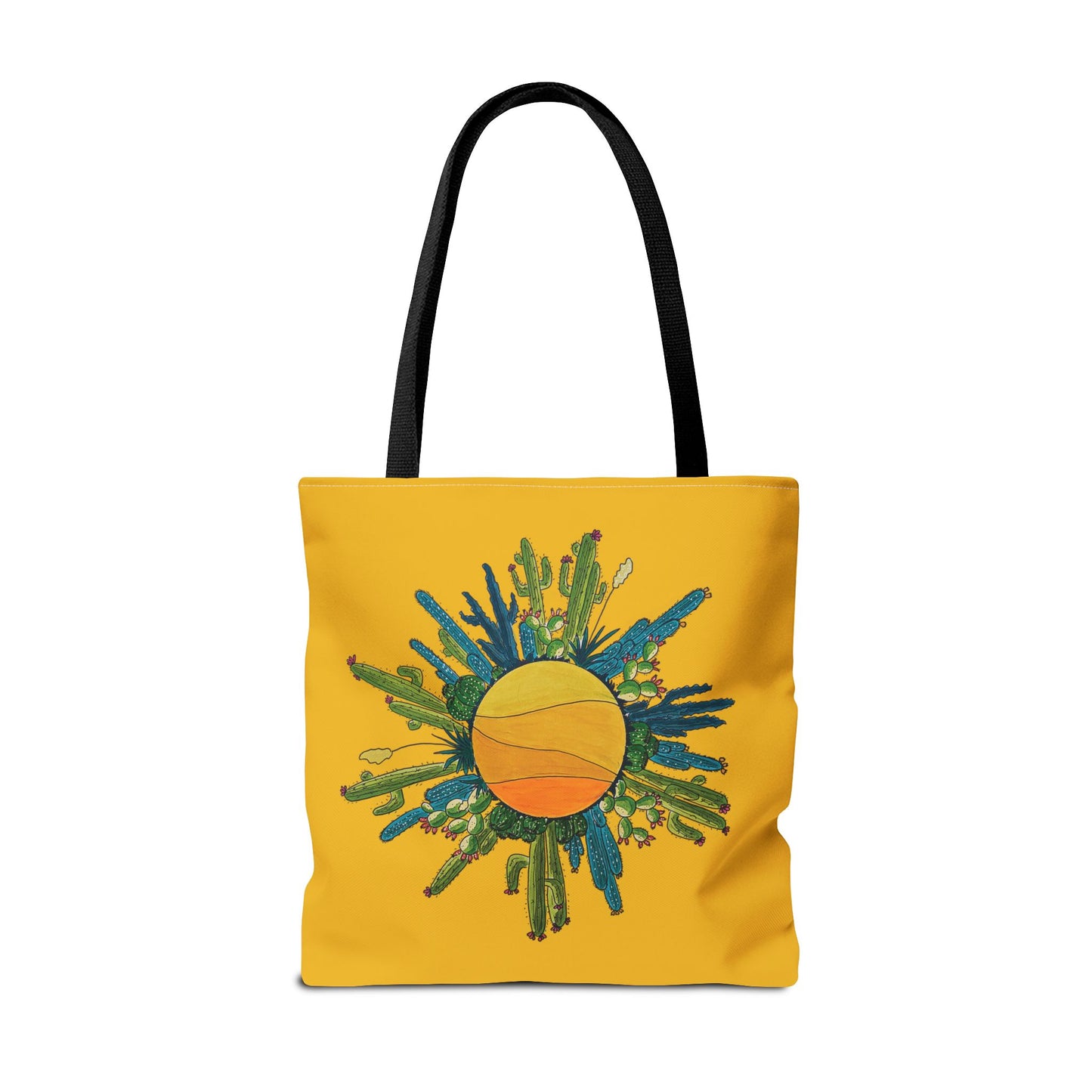 cactus sun tote bag with yellow brackground made with my original art - beach bag or book bag