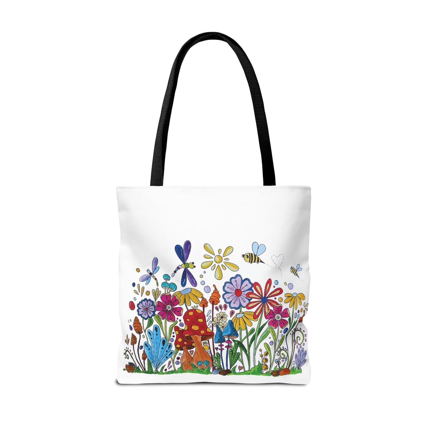 White tote bag with my original flower and mushroom drawings with bees and dragonflies