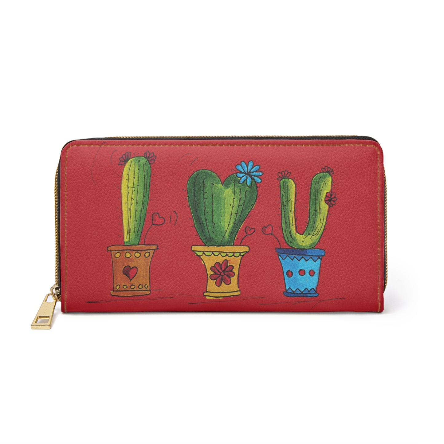 Cactus Doodle Zipper Wallet — Dark Red Potted Succulent Design