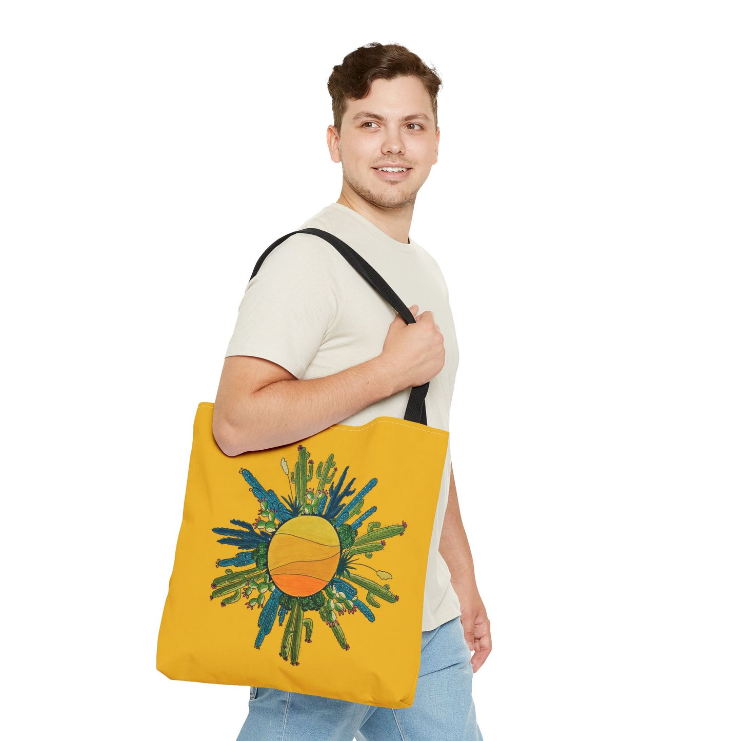 cactus sun tote bag with yellow brackground made with my original art - beach bag or book bag