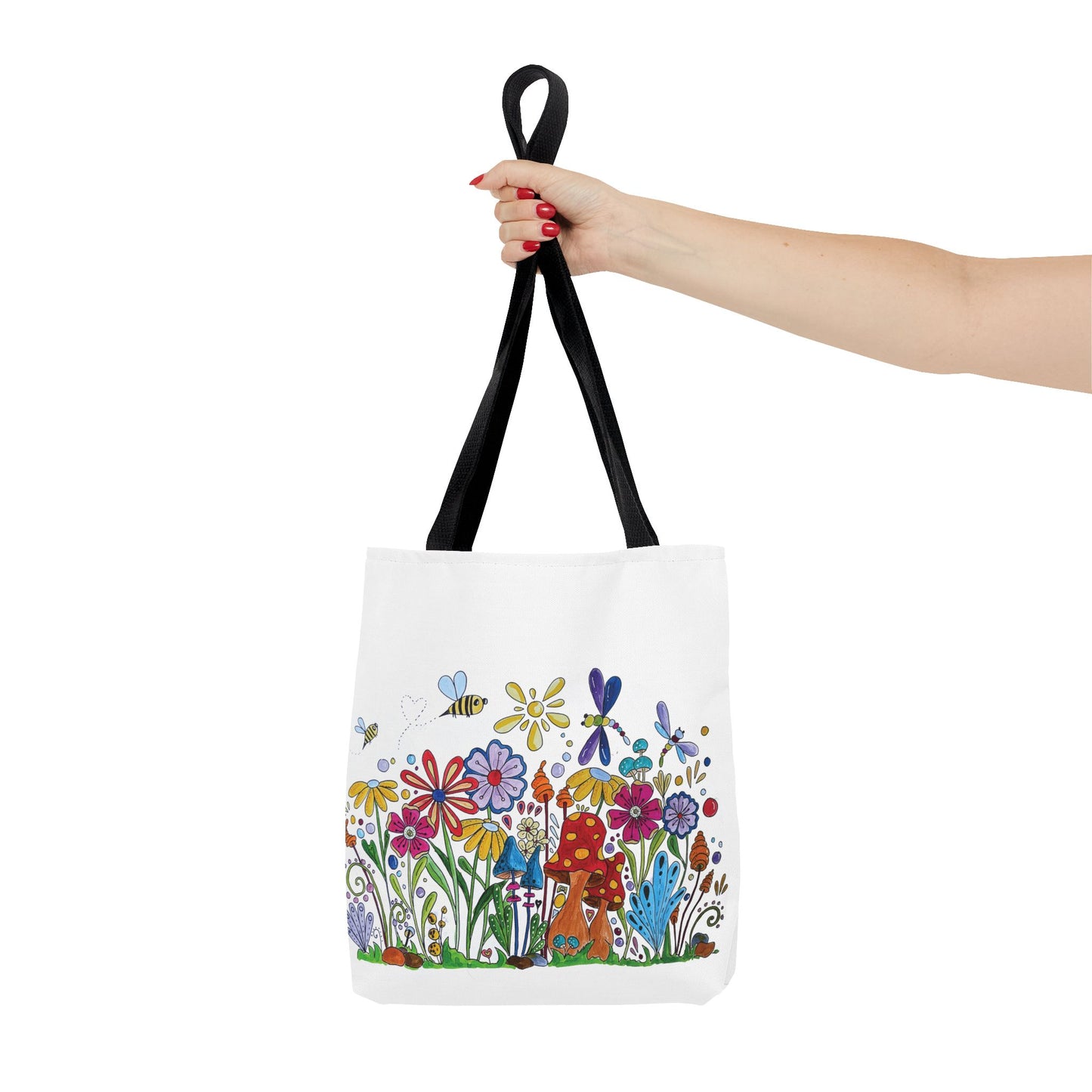 White tote bag with my original flower and mushroom drawings with bees and dragonflies