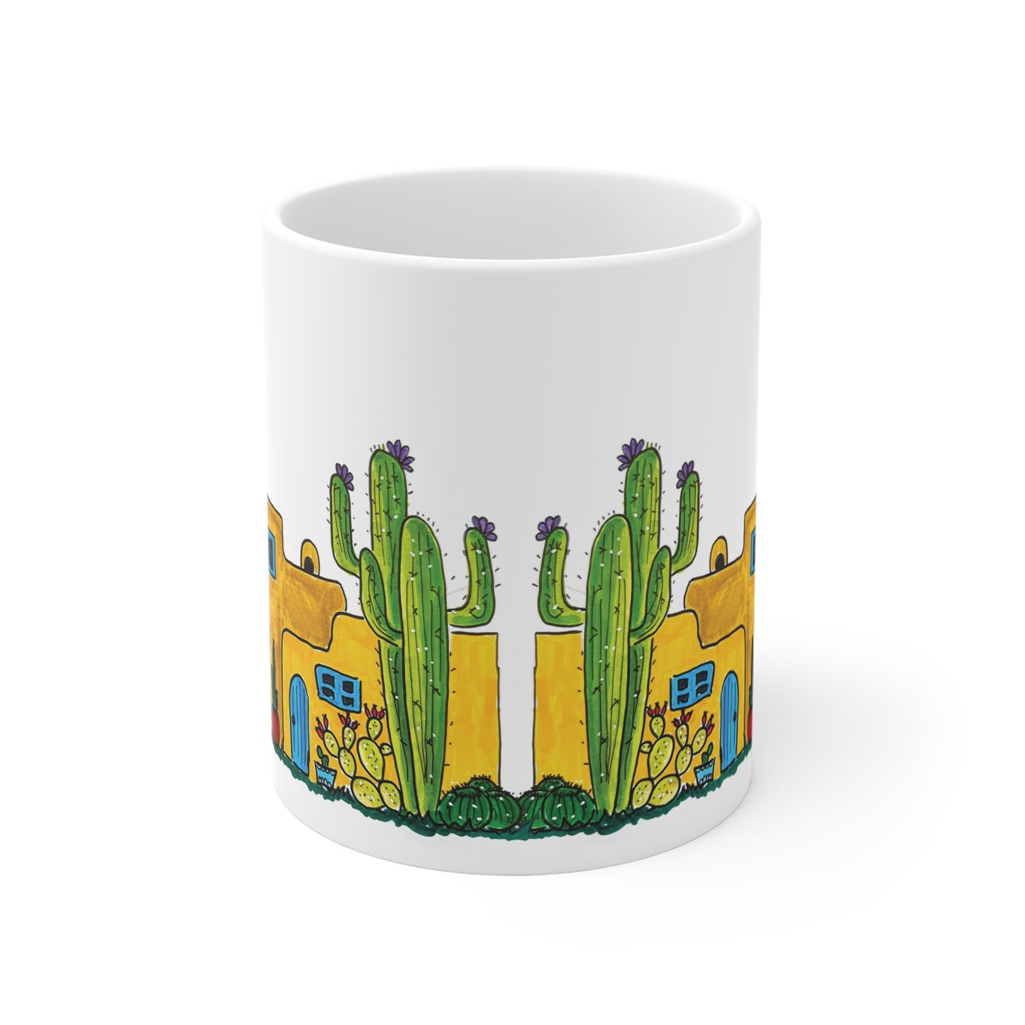 Mug 11oz Original Doodle Art of Adobe Houses and Cacti