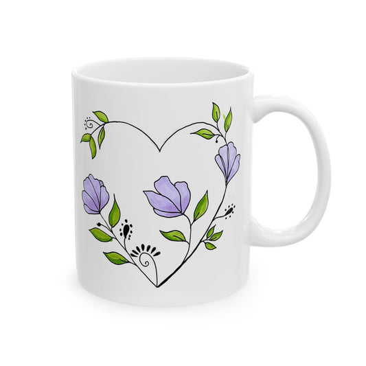Heart & Purple Flowers Ceramic Mug — Doodle Floral Love Coffee Cup