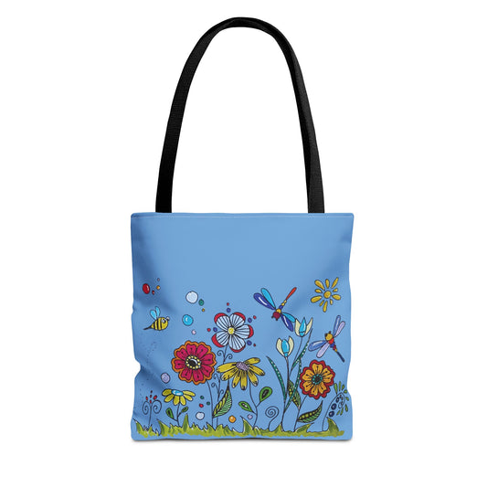 Flower garden tote bag with my original art - zentangle flowers - dragonflies and bee
