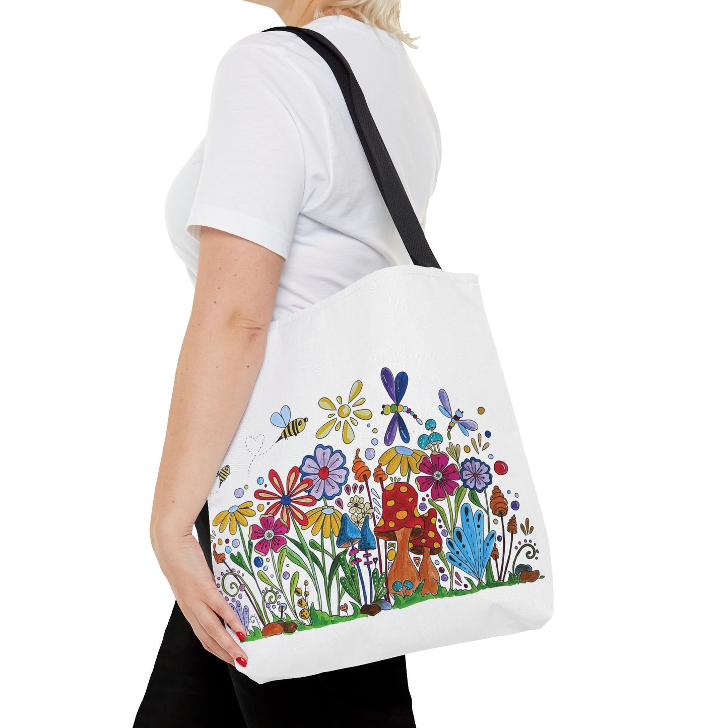 White tote bag with my original flower and mushroom drawings with bees and dragonflies