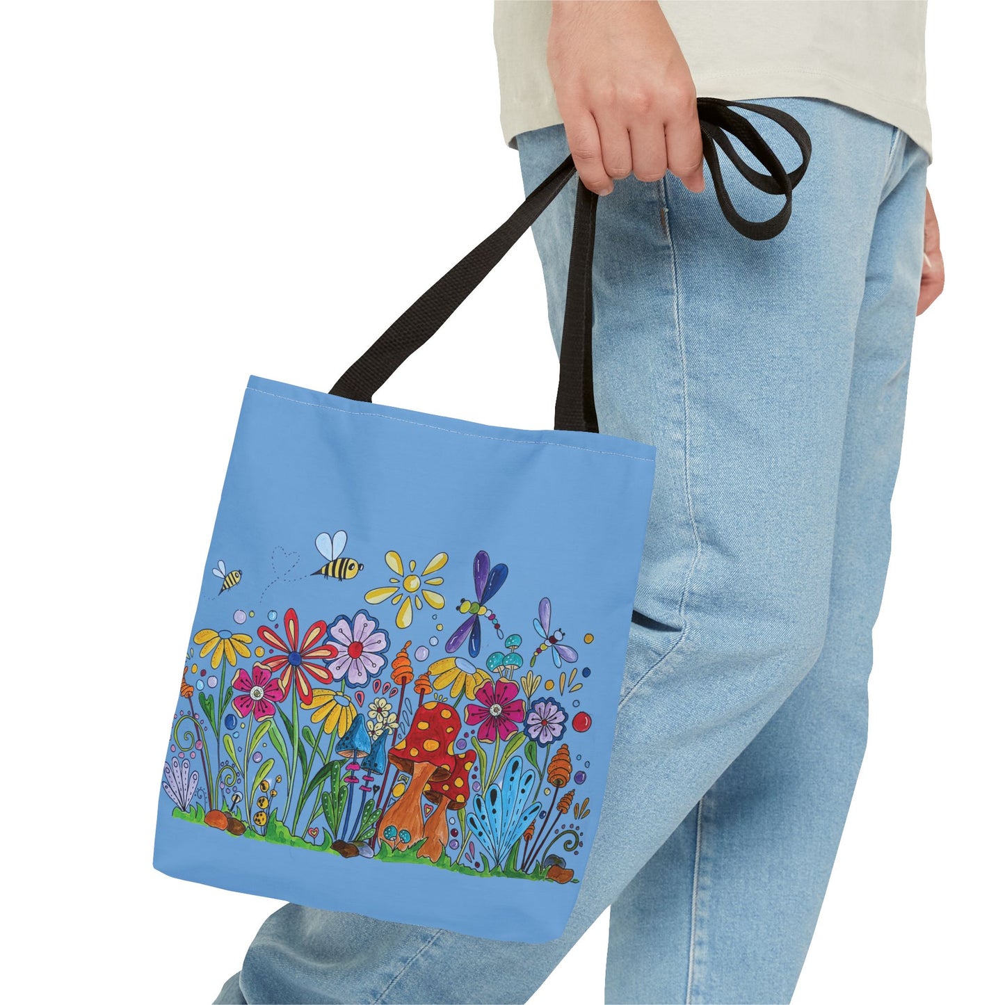 Blue tote bag with my original flower and mushroom drawings with bees and dragonflies