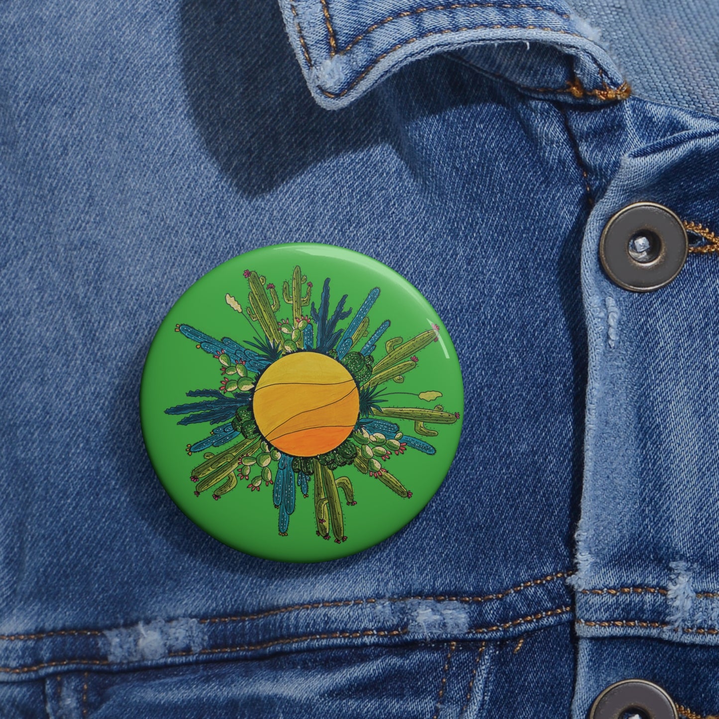 Cactus Sun Doodle Art Pin Button — Cute Cactus Button Badge - Green