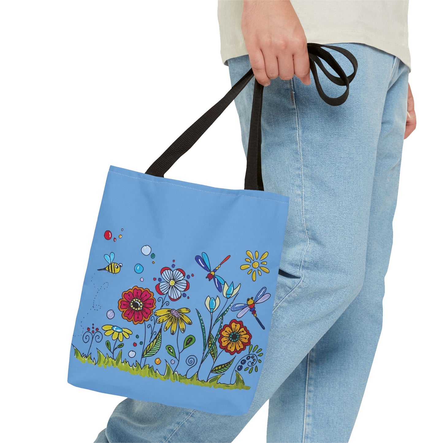 Flower garden tote bag with my original art - zentangle flowers - dragonflies and bee