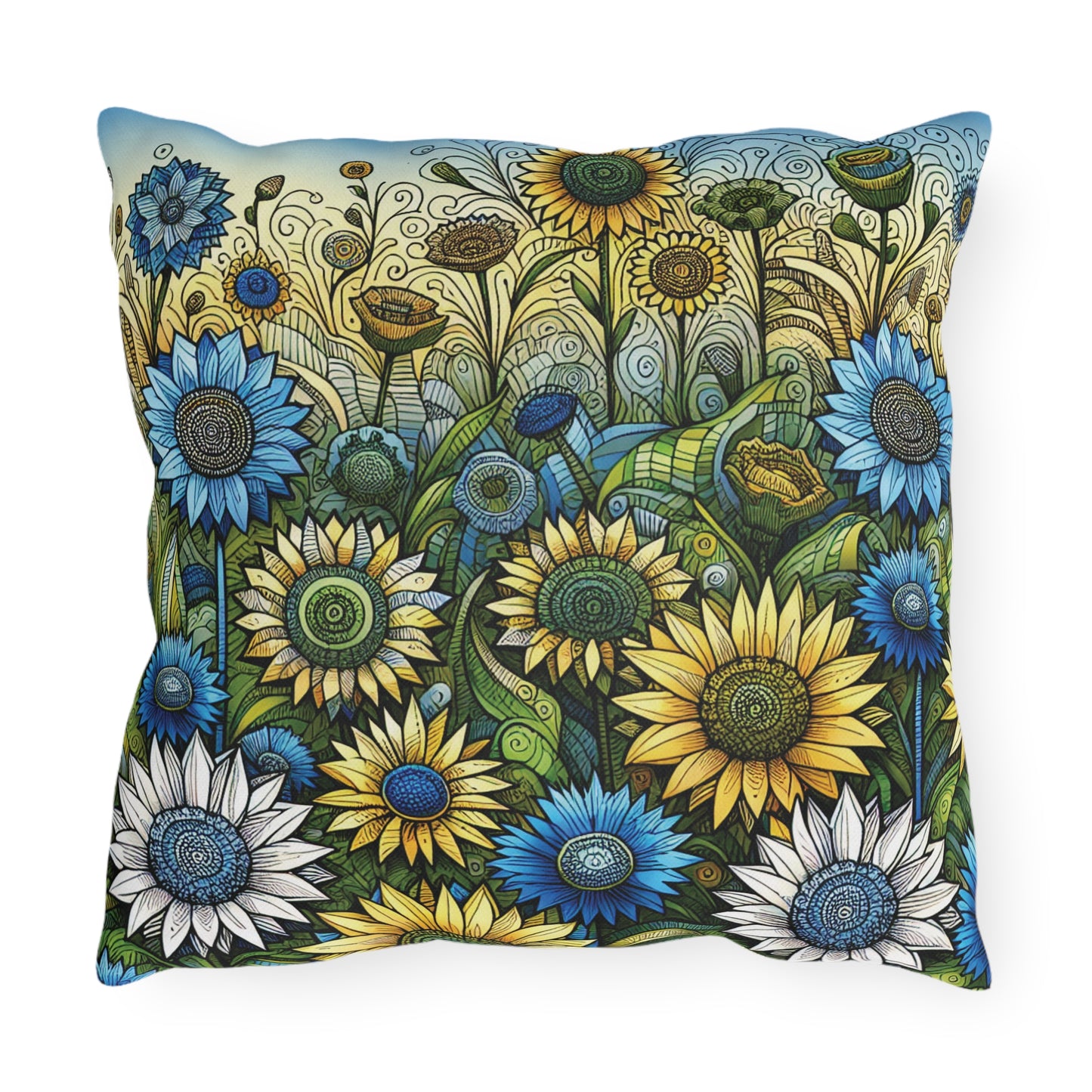 Sunflowers & Cornflowers Outdoor Pillow — Floral Garden Throw Pillow