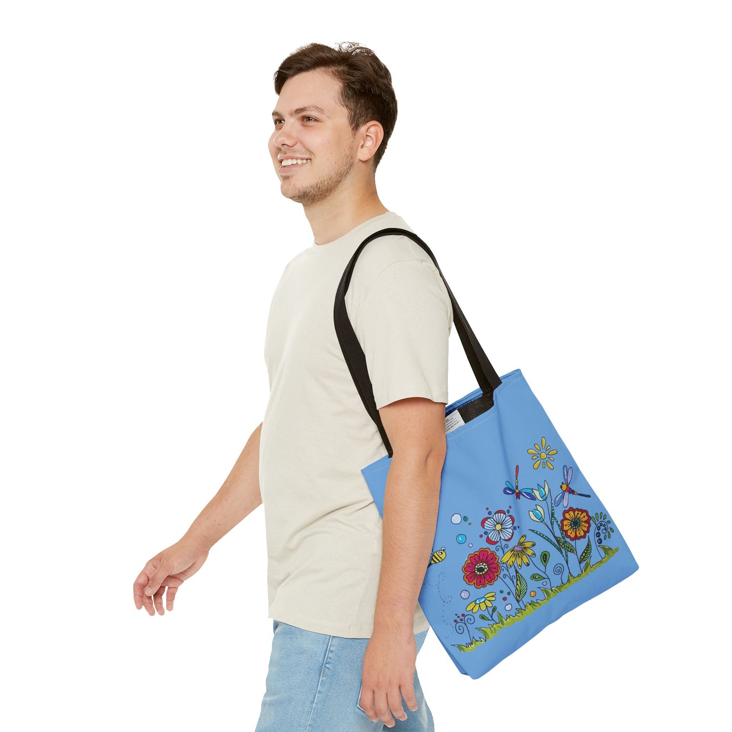 Flower garden tote bag with my original art - zentangle flowers - dragonflies and bee