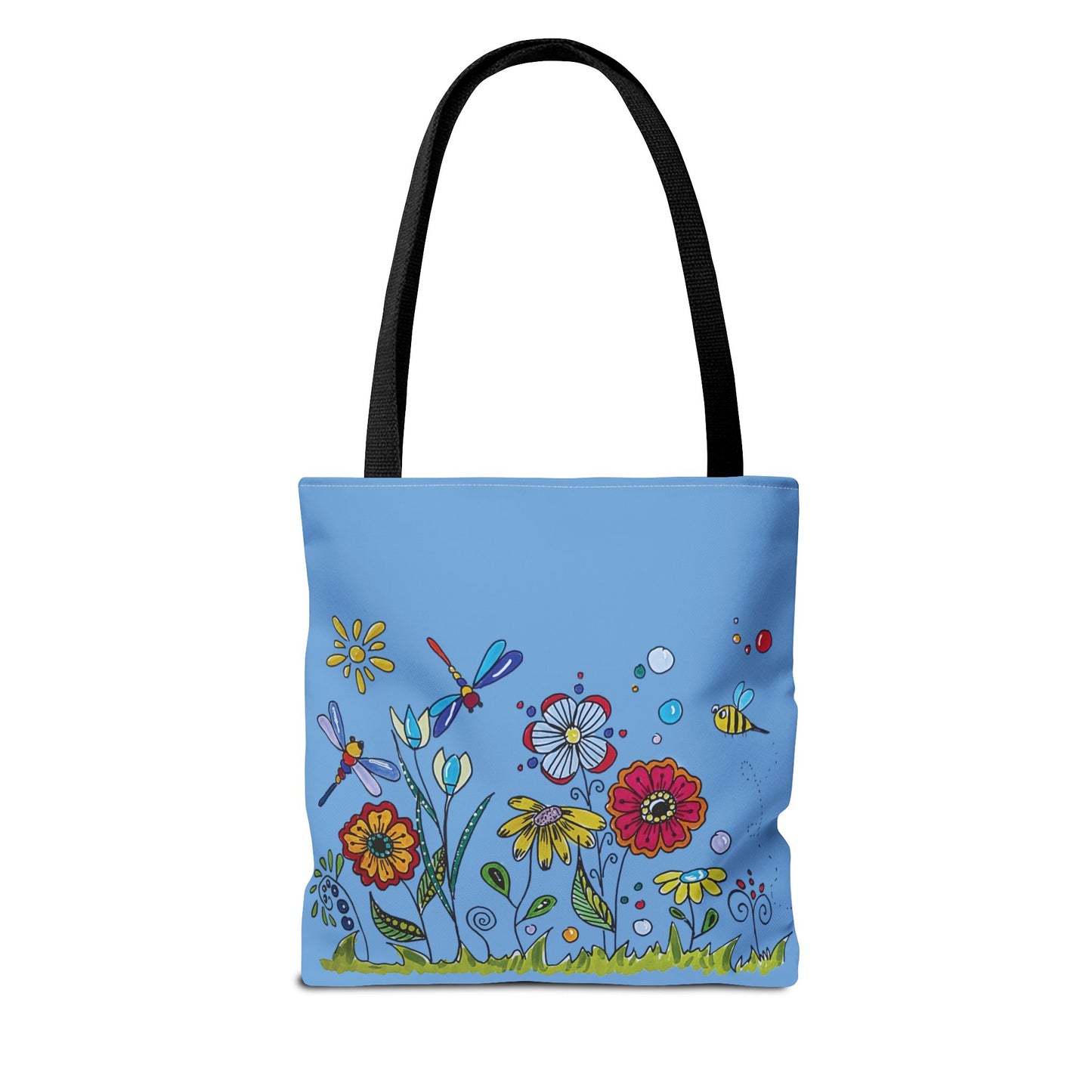 Flower garden tote bag with my original art - zentangle flowers - dragonflies and bee