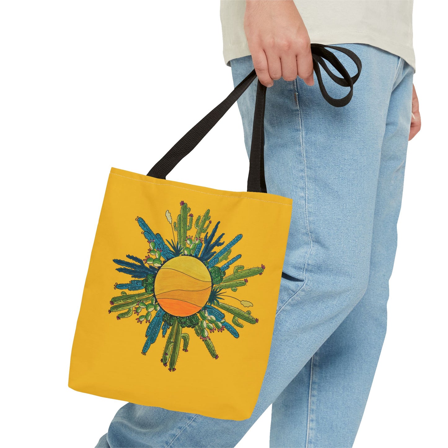 cactus sun tote bag with yellow brackground made with my original art - beach bag or book bag
