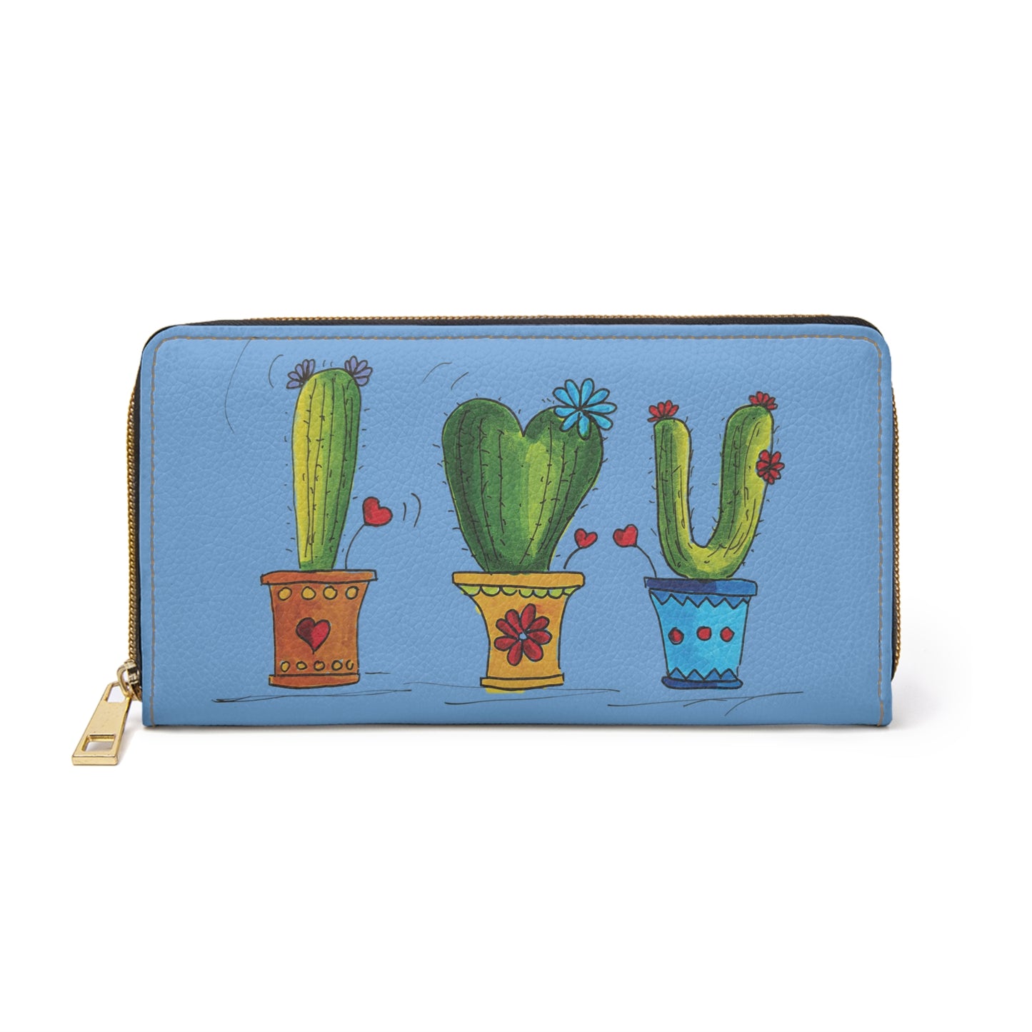 Blue zipper wallet with cacti front and back