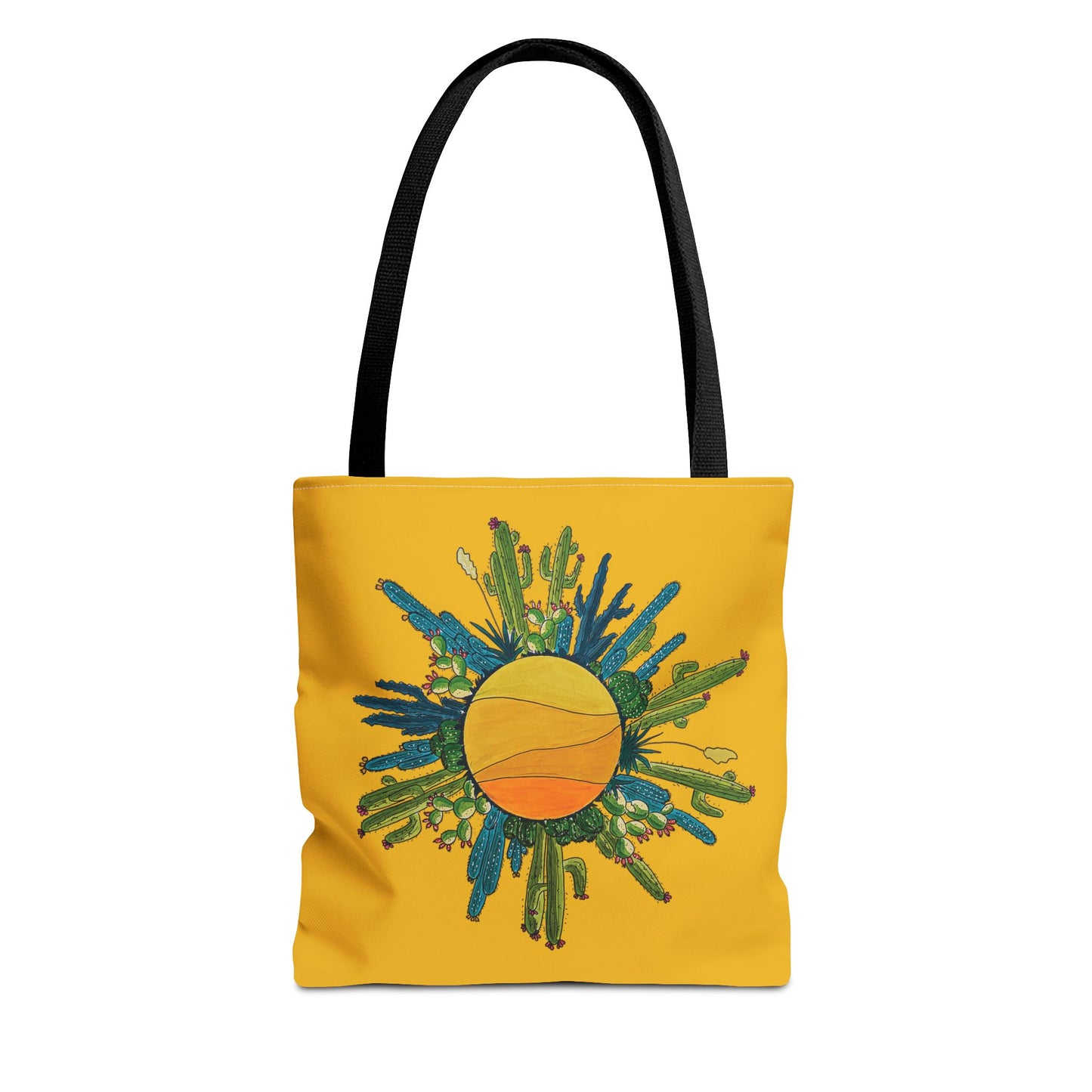 cactus sun tote bag with yellow brackground made with my original art - beach bag or book bag
