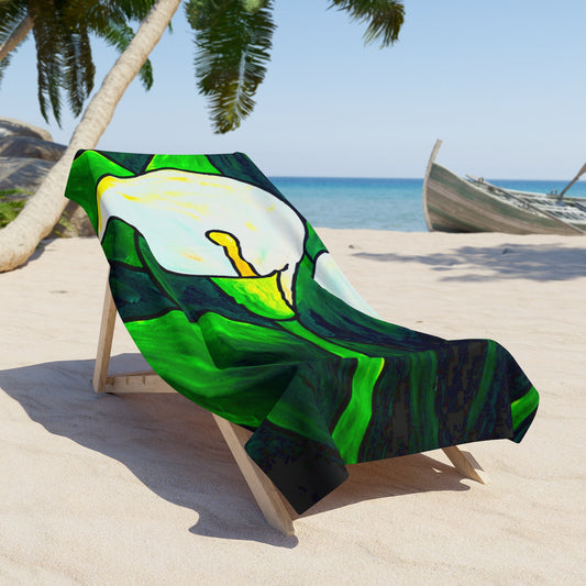 Cala Lillies Beach Towel — Vivid Green & White Floral Pattern