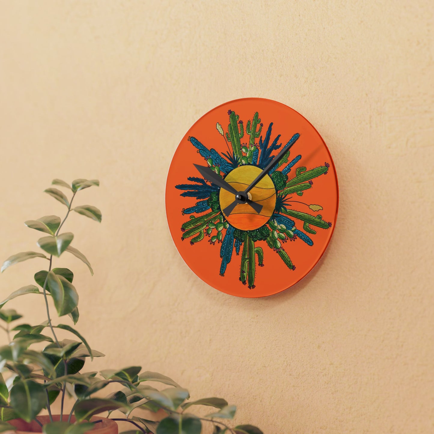 Cactus art wall clock made from acrylyc - orange