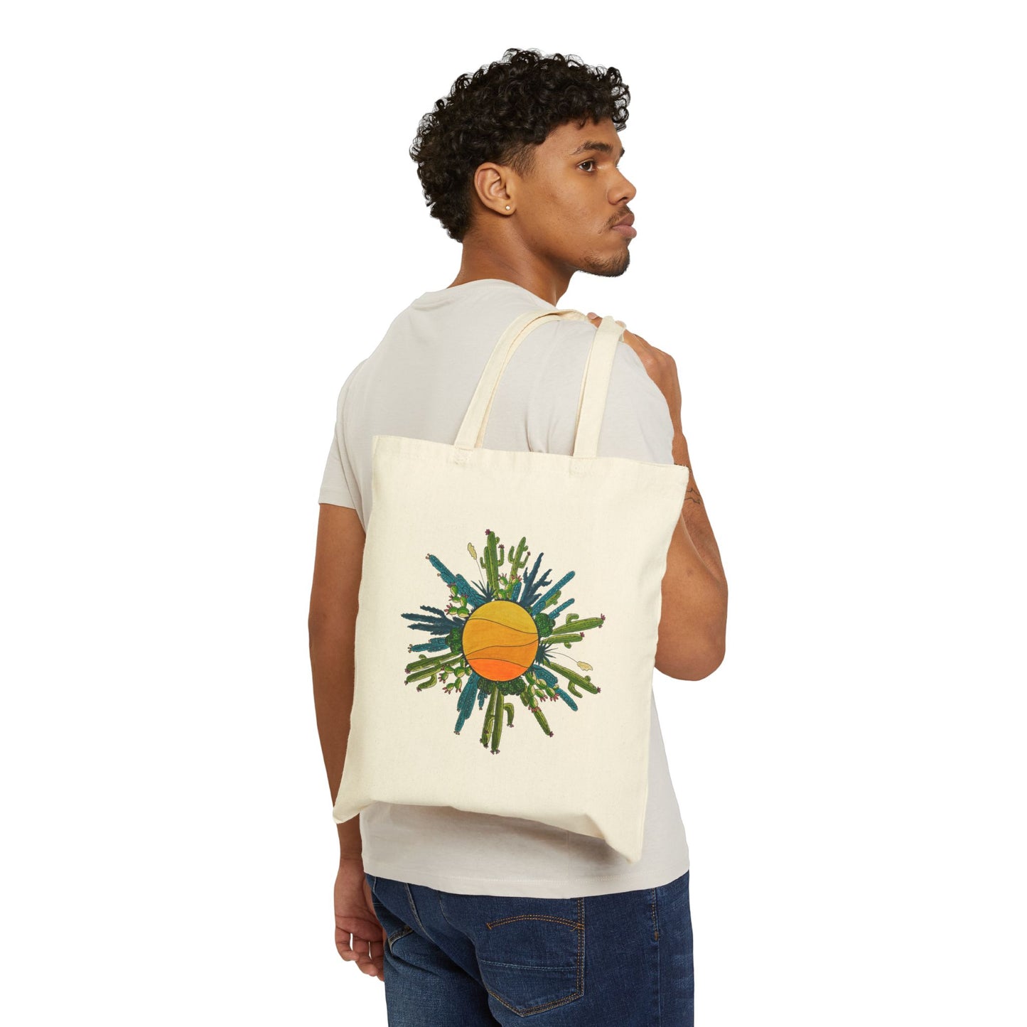 Cactus Doodle Sun Cotton Canvas Tote Bag