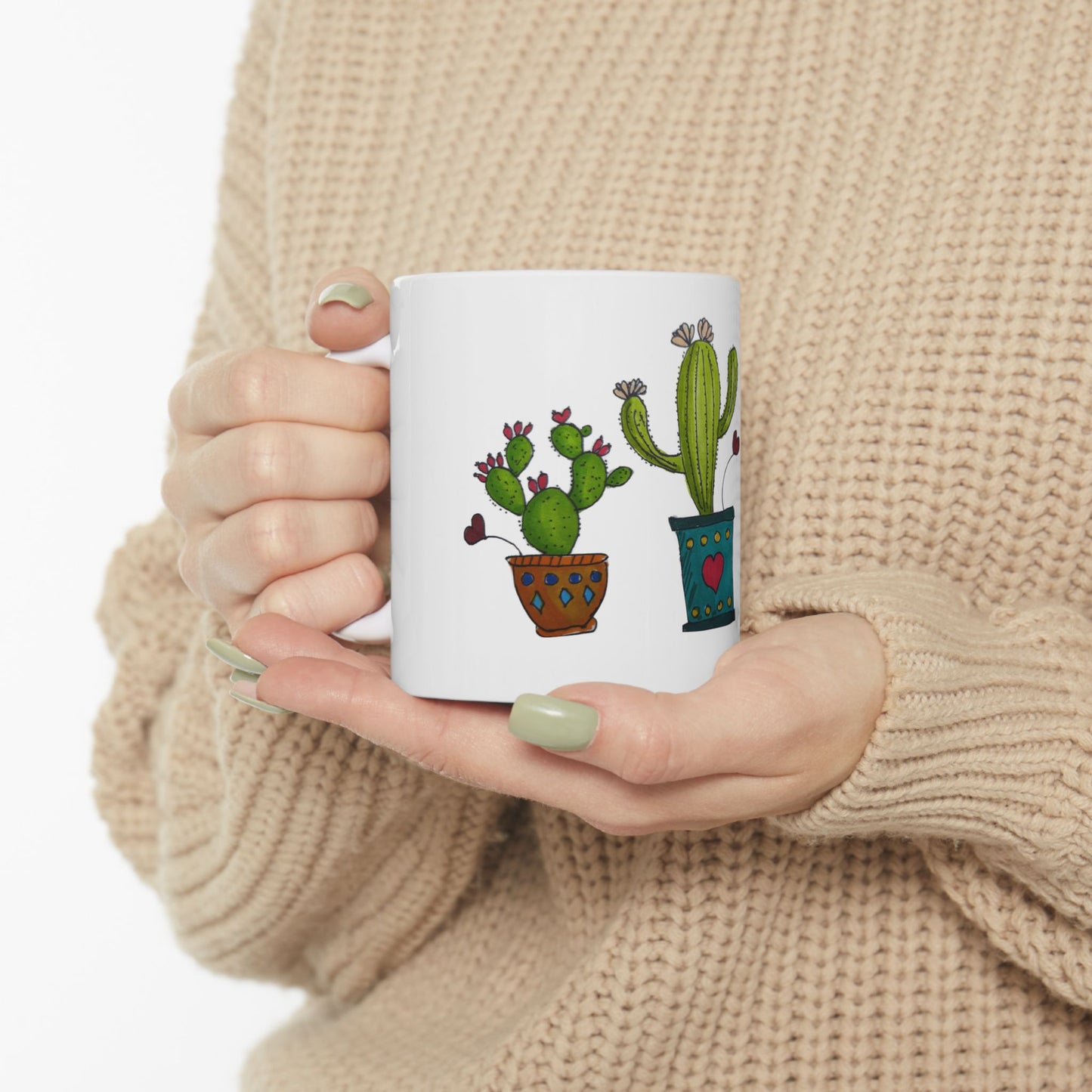 Doodle Cactus Ceramic Mug — Cute Potted Cactus Design (11oz & 15oz)