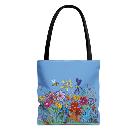 Blue tote bag with my original flower and mushroom drawings with bees and dragonflies