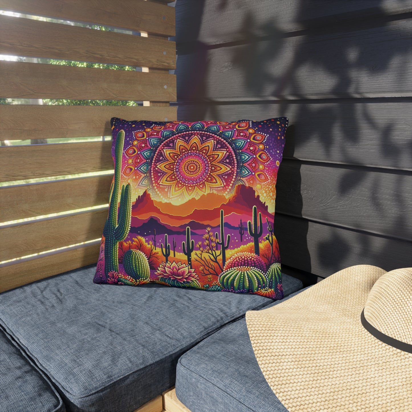 Arizona Landscape Mandala Outdoor Pillow — Desert Sunset Accent Pillow